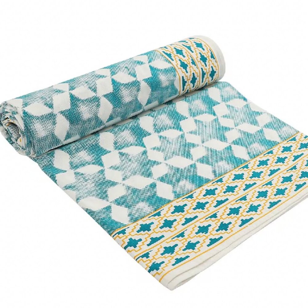 Blue-Green Yellow Screen Printed Cotton Star Table Cloth Cover NEW